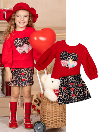 Kids Valentine's Clothes | Girls Heart Top & Leopard Print Skirt Set