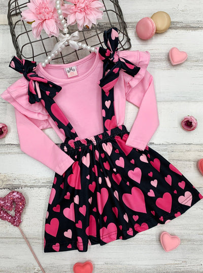 Kids Valentine's Clothes | Pink Ruffle Top & Heart Suspender Skirt Set
