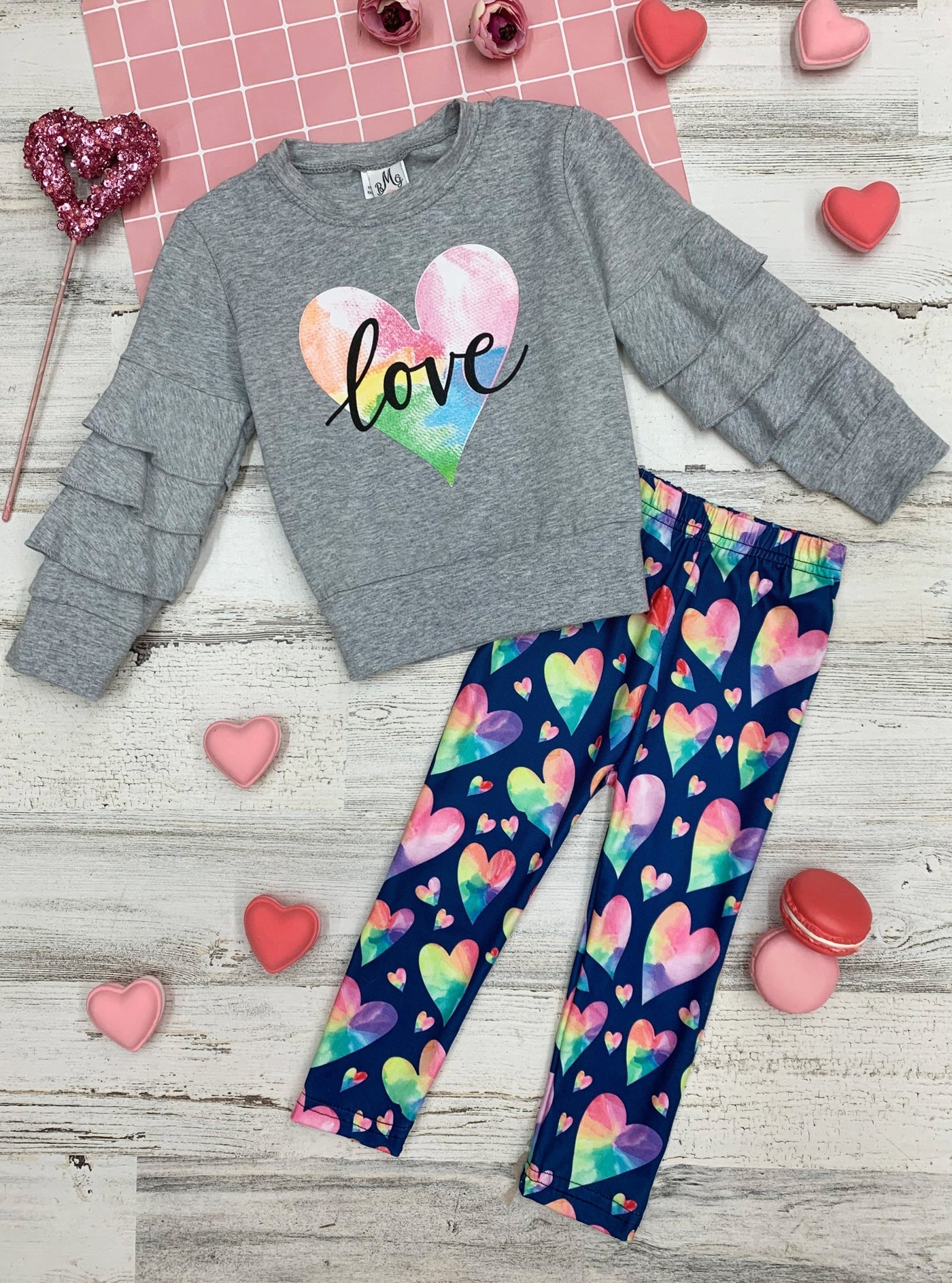 Girls Valentine's Clothes | Rainbow Love Ruffle Top & Legging Set
