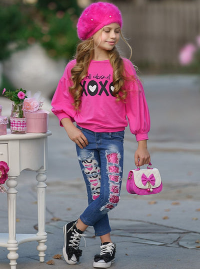 Toddler Valentine's Outfit | Little Girls XOXO Top & Patched Jeans Set