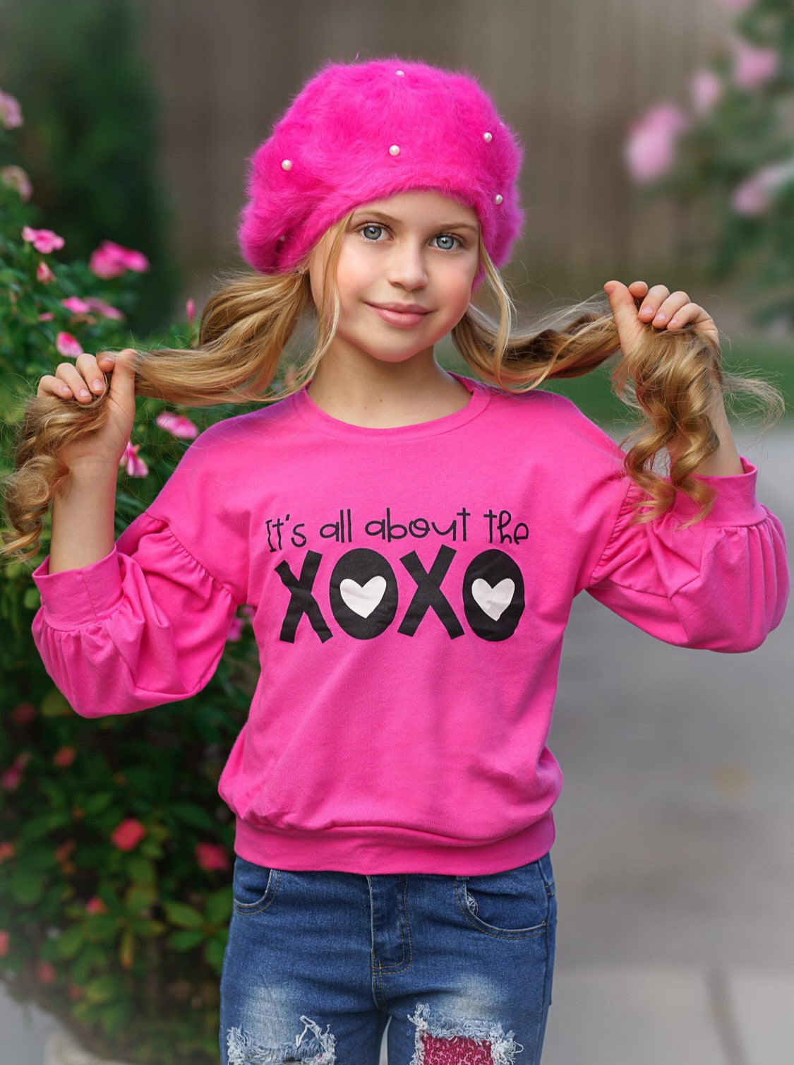 Toddler Valentine's Outfit | Little Girls XOXO Top & Patched Jeans Set
