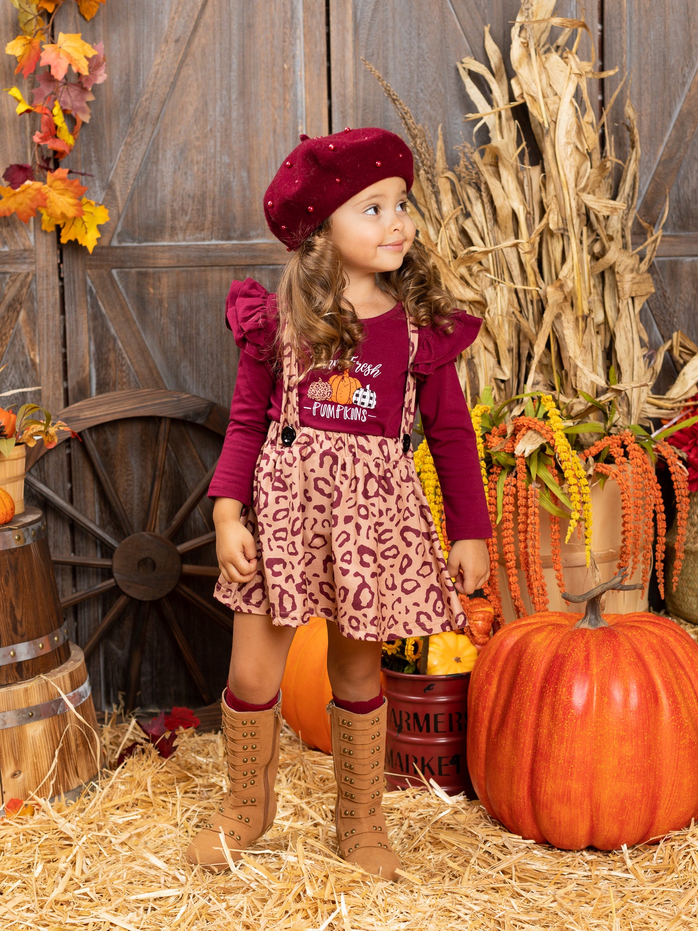 Little girls Fall long-sleeved "Farm Fresh Pumpkins" graphic top with ruffle shoulder accents and leopard print pinafore skirt - Mia Belle Girls