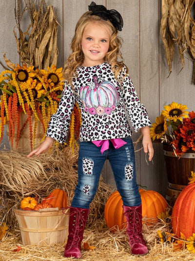 Girls Fall Outfits | Leopard Top & Patched Jeans Set - Mia Belle Girls