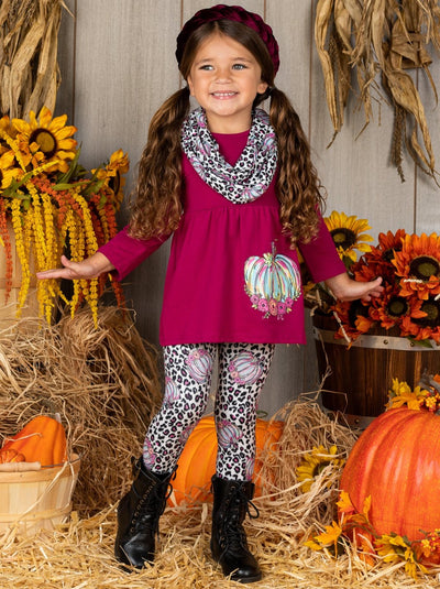 Girls Fall long-sleeve tunic with pastel rainbow pumpkin graphic, leopard print/pumpkin leggings, and a matching infinity wrap scarf - Mia Belle Girls