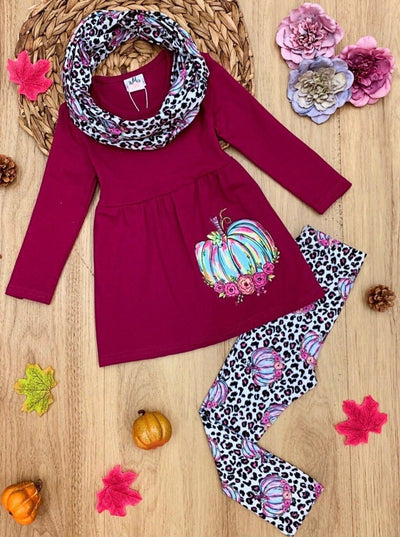 Girls Fall long-sleeve tunic with pastel rainbow pumpkin graphic, leopard print/pumpkin leggings, and a matching infinity wrap scarf - Mia Belle Girls