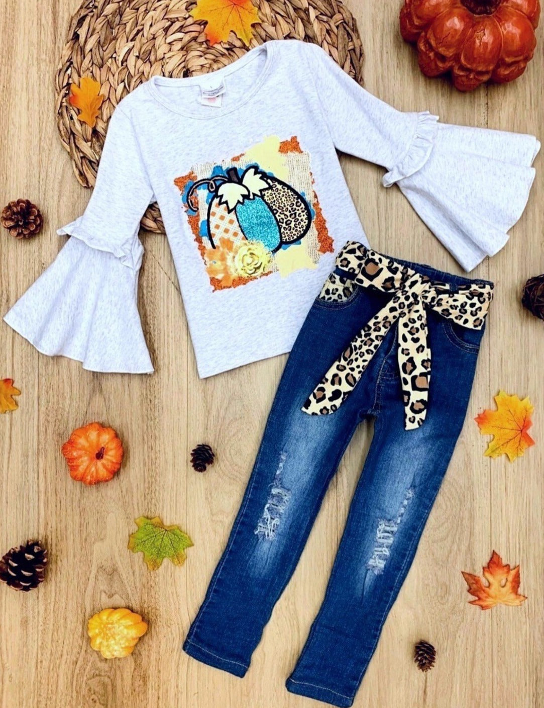 Little girls Fall long bell sleeve top with mixed print pumpkin graphic and distressed jeans with leopard print sash belt - Mia Belle Girls