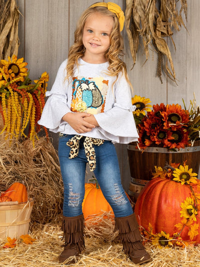 Girls Fall Outfit | Boho Bell Sleeve Top & Jeans Set - Mia Belle Girls