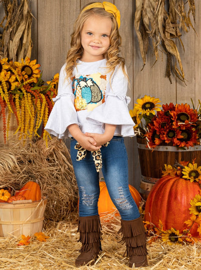 Little girls Fall long bell sleeve top with mixed print pumpkin graphic and distressed jeans with leopard print sash belt - Mia Belle Girls