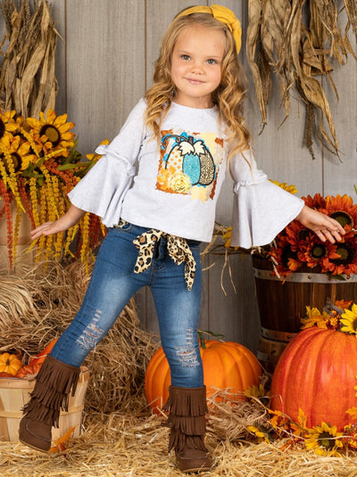 Girls Fall Outfit | Boho Bell Sleeve Top & Jeans Set - Mia Belle Girls