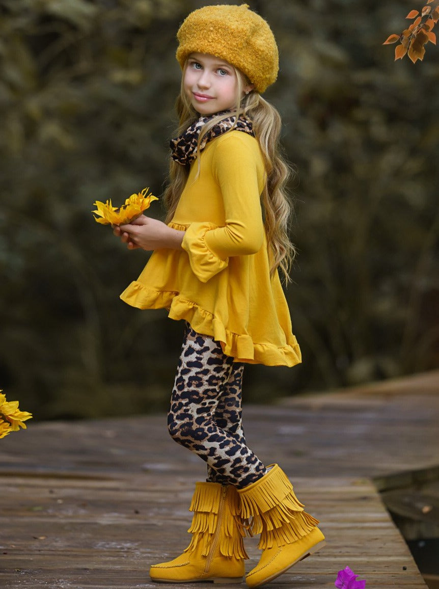 Little girls Fall long-sleeve hi-lo top with ruffle hem and cuffs, leopard leggings, and matching infinity wrap scarf - Mia Belle Girls