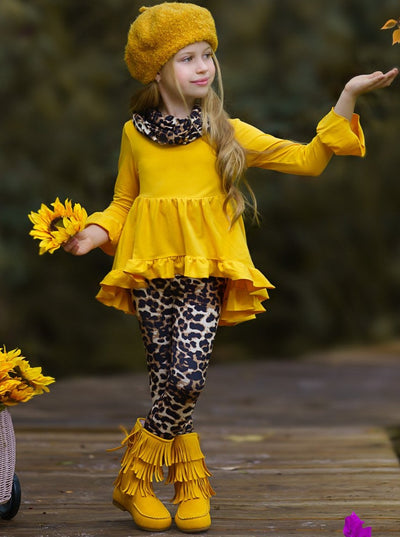 Little girls Fall long-sleeve hi-lo top with ruffle hem and cuffs, leopard leggings, and matching infinity wrap scarf - Mia Belle Girls