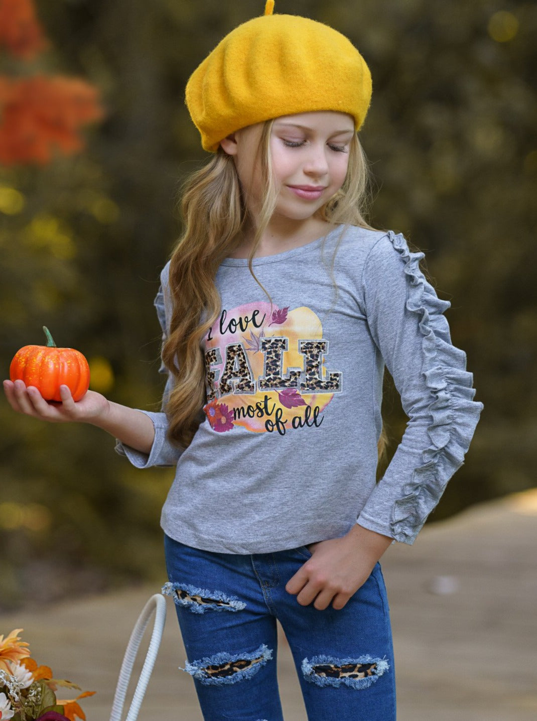 Girls Fall Outfits | Ruffle Top & Patched Jeans Set - Mia Belle Girls