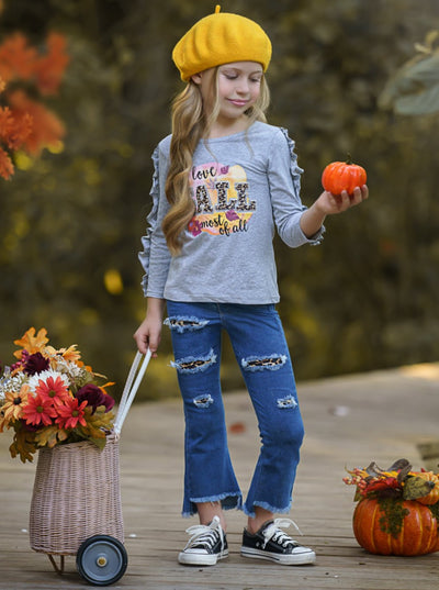 Girls Fall Outfits | Ruffle Top & Patched Jeans Set - Mia Belle Girls
