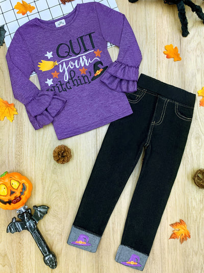 Kids Halloween Clothes | Witch Top Cuffed Jeans Set - Mia Belle Girls
