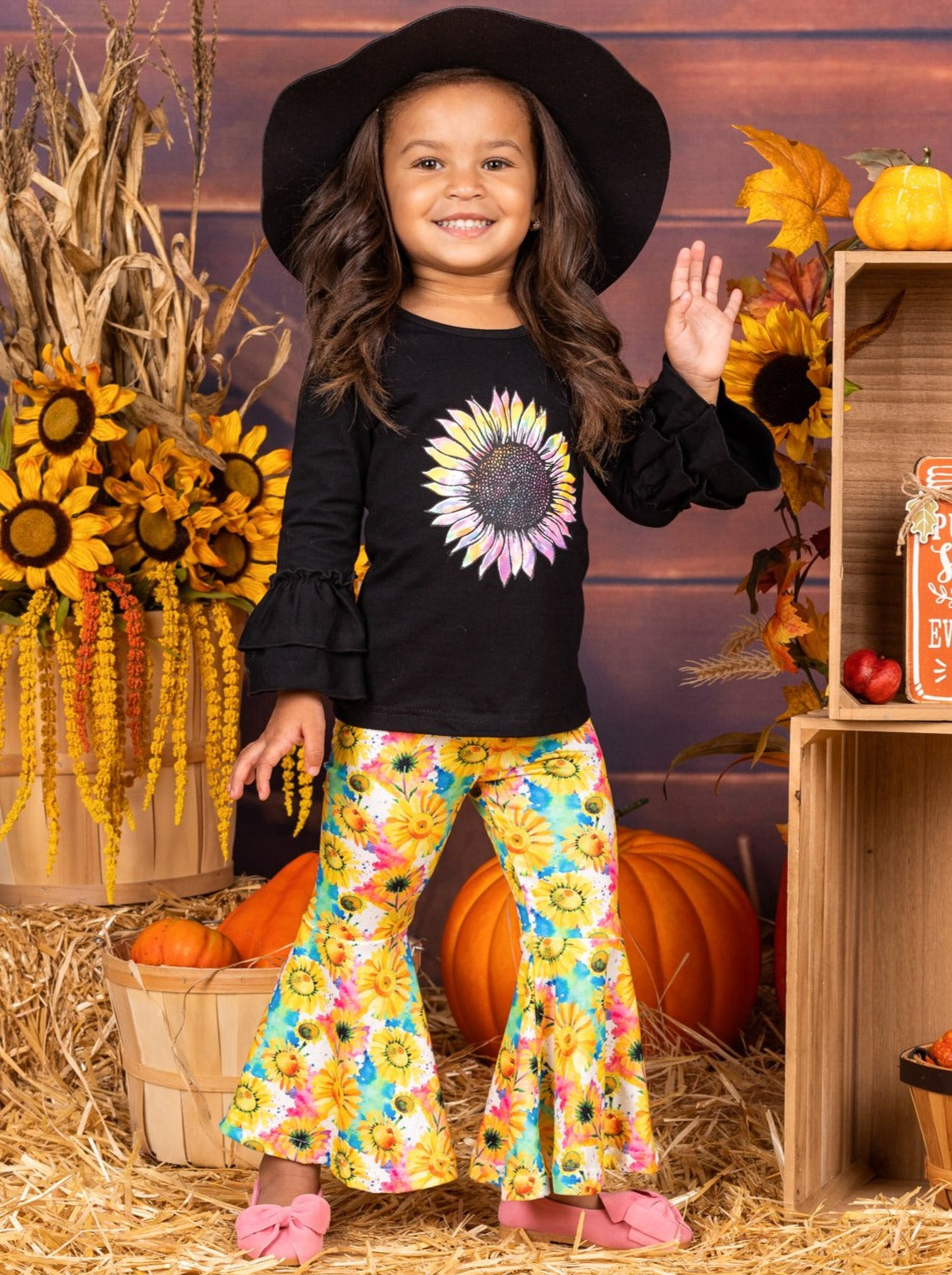 Girls Double Ruffled Sleeve Sunflower Top and Bell Bottom Pants Set