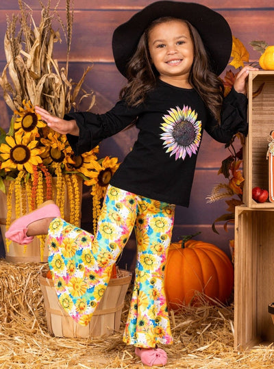 Girls Double Ruffled Sleeve Sunflower Top and Bell Bottom Pants Set