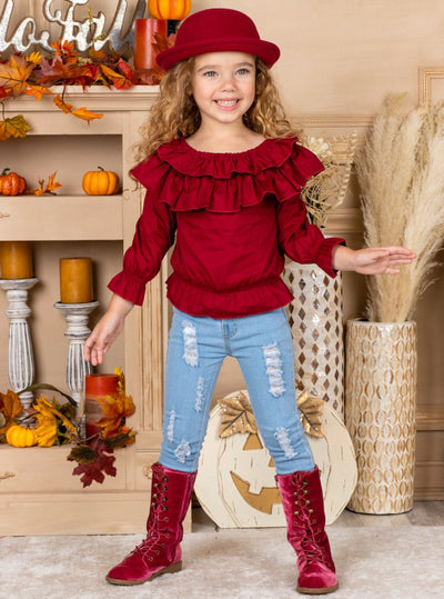 Cute Outfits For Girls | Ruffled Bib Top and Distressed Jeans Set