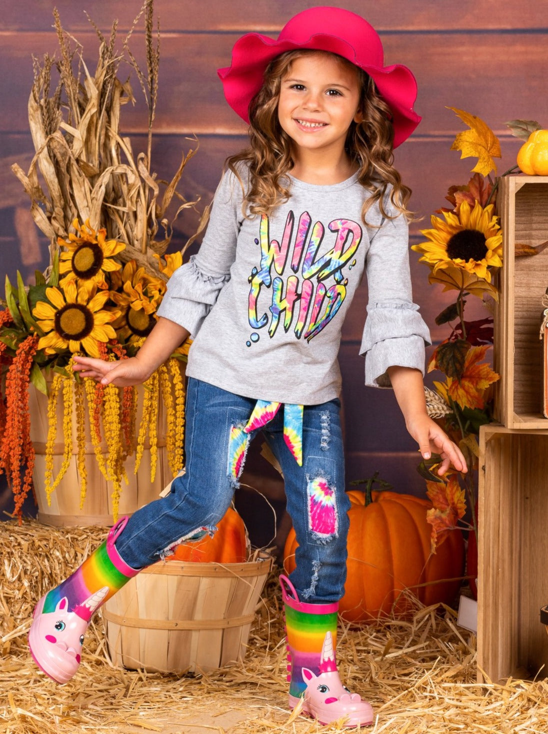Girls Double Ruffled Sleeve "Wild Child' Top and Patched Jeans Set