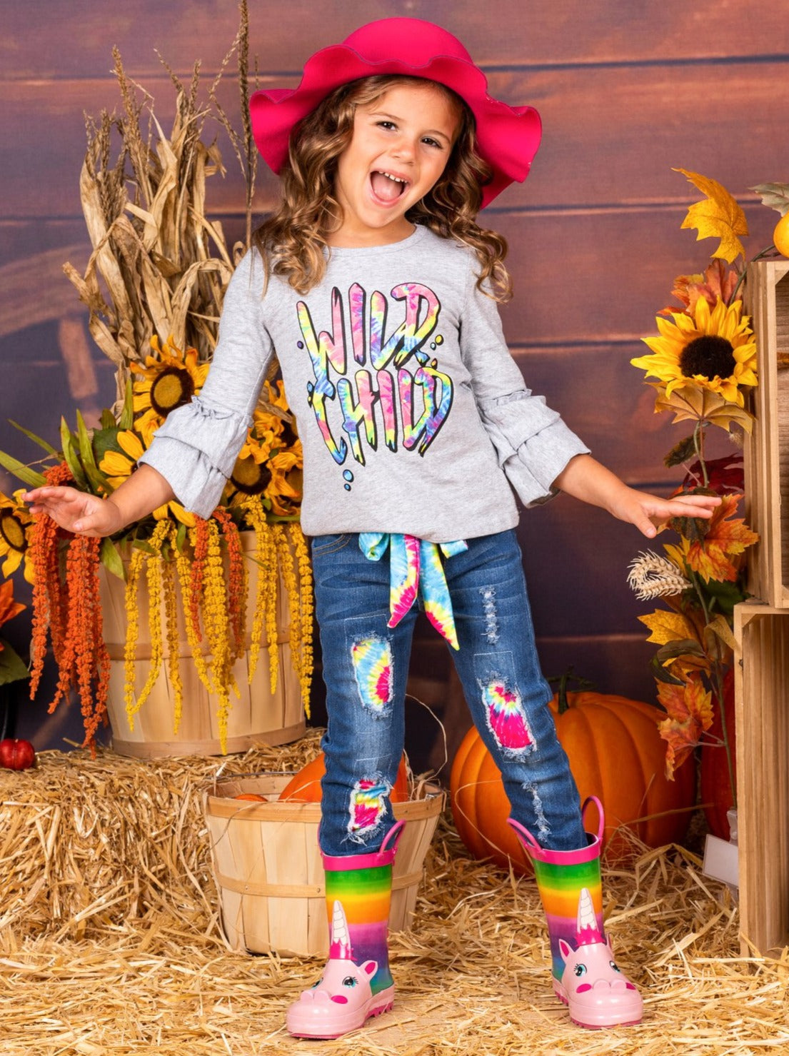 Girls Double Ruffled Sleeve "Wild Child' Top and Patched Jeans Set