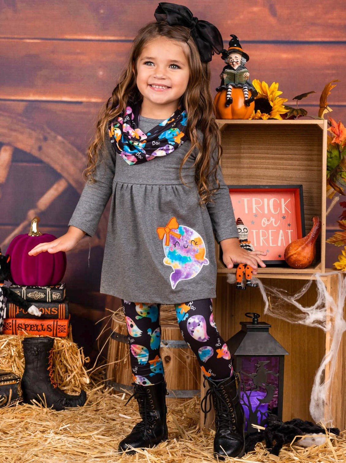 Little girls Halloween long-sleeve tunic with tie-dye ghost applique, matching tie-dye ghost print leggings, and infinity wrap scarf - Mia Belle Girls