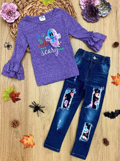 Girls Halloween Ghost Ruffle Top & Patched Jeans Set - Mia Belle Girls