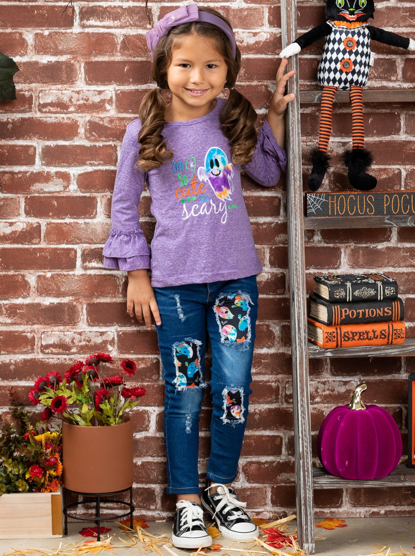 Girls Halloween Ghost Ruffle Top & Patched Jeans Set - Mia Belle Girls