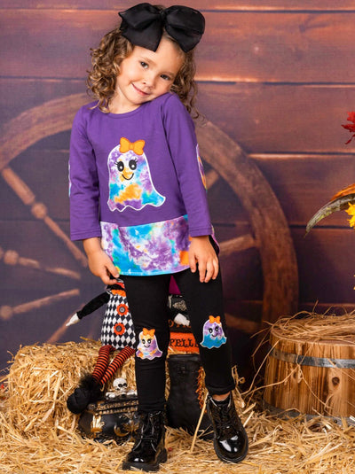 Little girls Halloween long-sleeve tunic top with tie-dye ghost girl applique, tie-dye elbow patches, hem, and black leggings with matching ghost knee patches - Mia Belle Girls