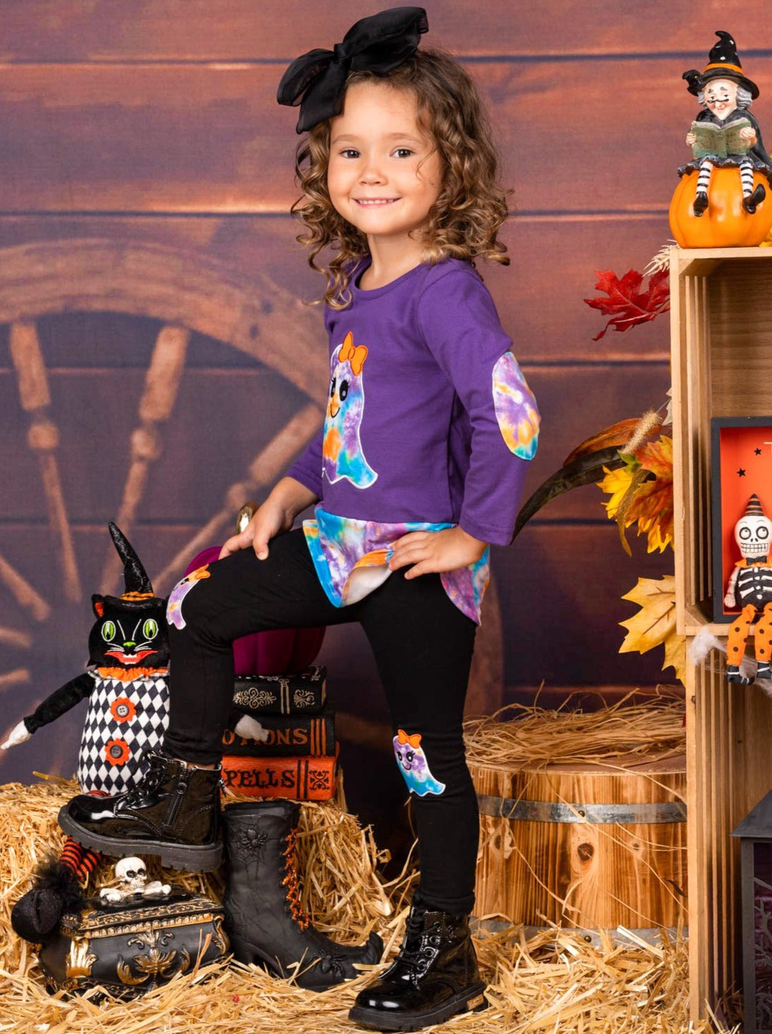 Girls Cute Ghost Tie Dye Tunic & Patched Legging Set - Mia Belle Girls