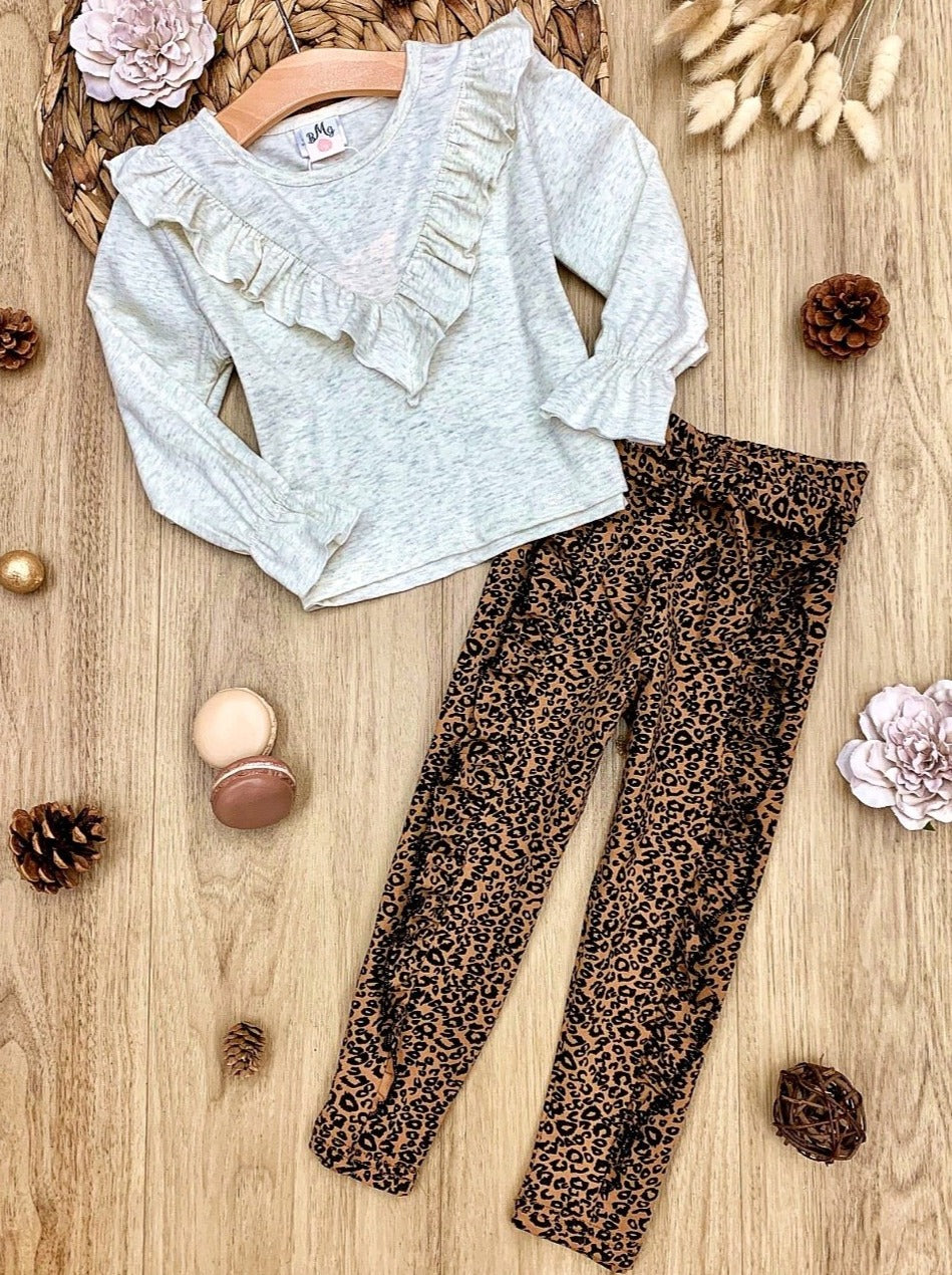 Girls Casual Fall Outfits | Ruffled Tunic And Leopard Print Pants Set