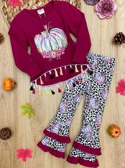 Girls Pumpkin Tassel Pullover and Leopard Ruffled Leggings Set