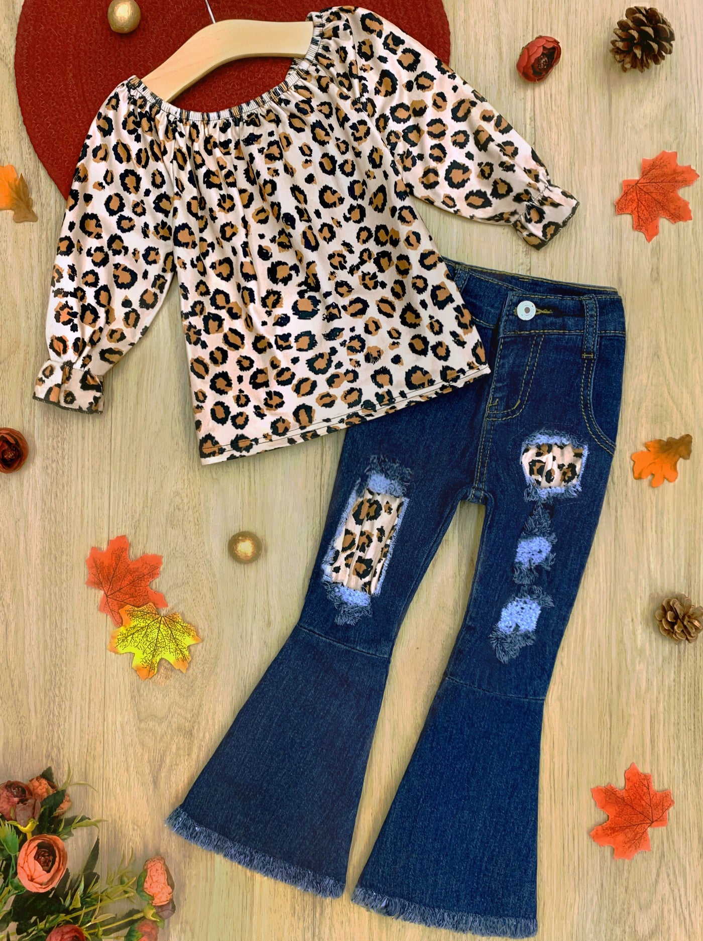 Little girls fall 3/4 sleeve leopard print top and matching patched denim bell-bottom jeans - Mia Belle Girls