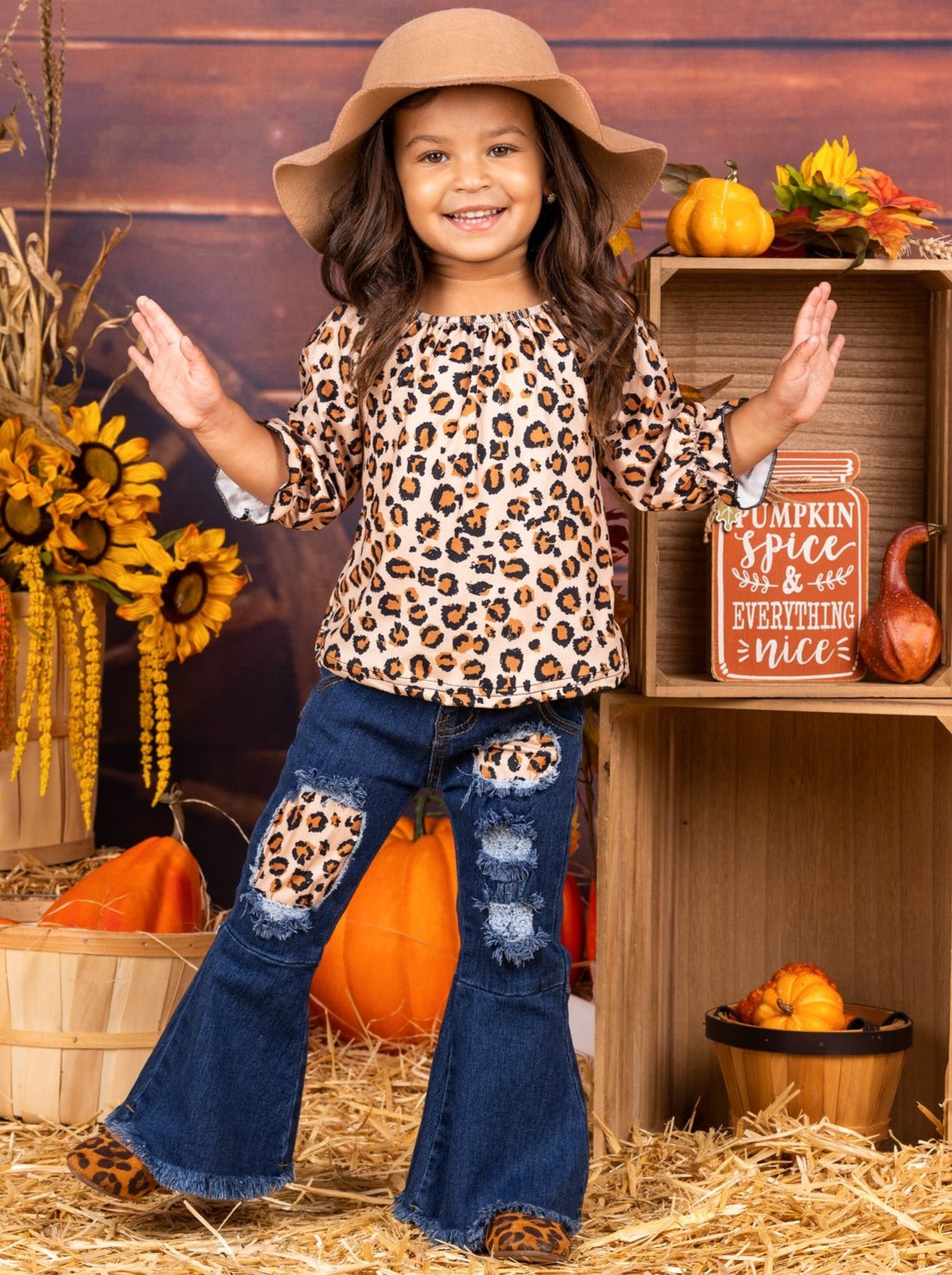 Leopard Print Top and Patched Bell Bottom Jeans Set - Mia Belle Girls