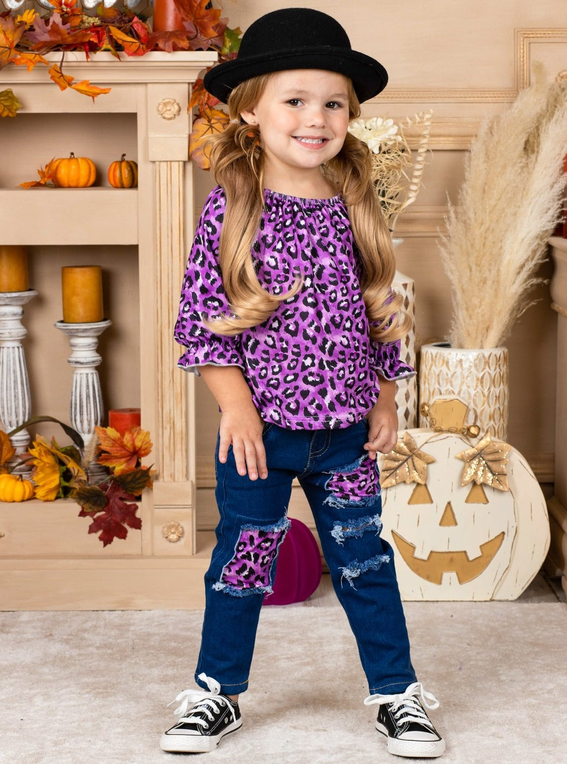 Girls Leopard Print Top and Patched Jeans Set
