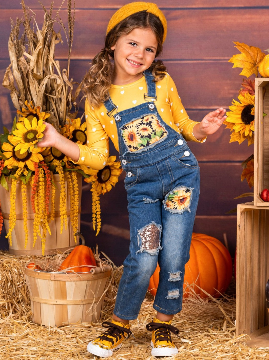 Girls Polka Heart Top and Patched Overall Jeans Set - Mia Belle Girls