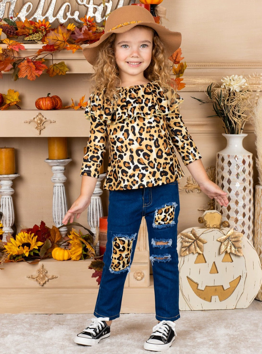 Girls Leopard Ruffled Bib Top and Patched Jeans Set