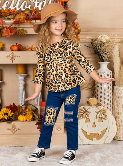 Girls Leopard Ruffled Bib Top and Patched Jeans Set