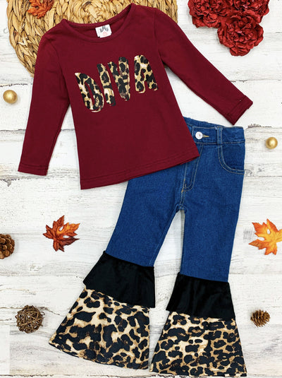 Girls Leopard "Diva" Top and Ruffled Bell Bottom Jeans Set