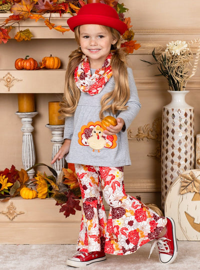 Girls Turkey Applique Grey Tunic, Floral Print Leggings & Matching Scarf Set 