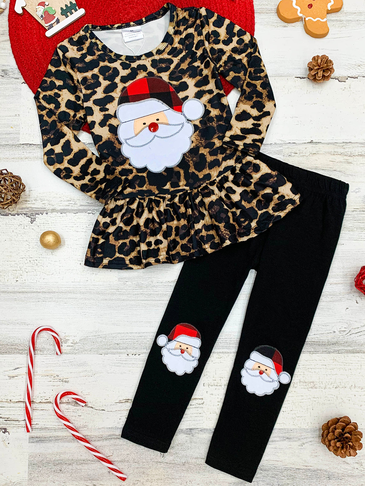 Cute Winter Sets | Girls Leopard Print Santa Top & Patched Legging Set
