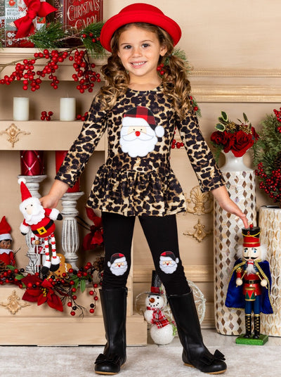 Girl Peplum Santa Applique Top and Santa Knee Patch Leggings Set