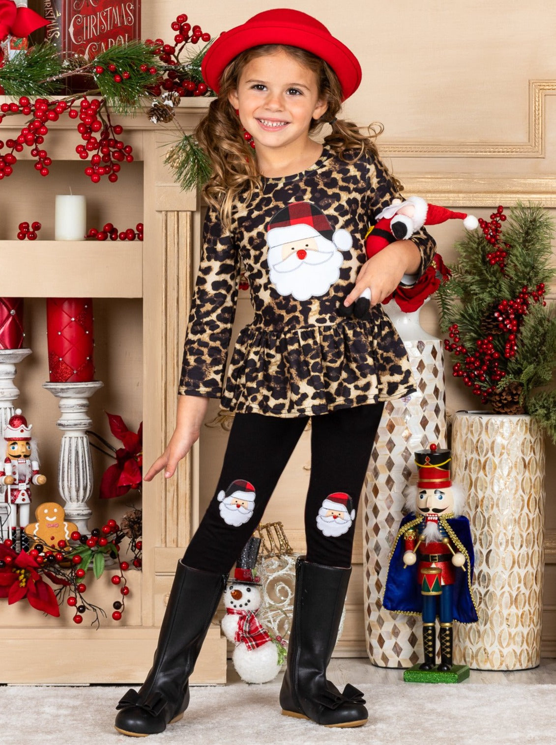 Cute Winter Sets | Girls Leopard Print Santa Top & Patched Legging Set