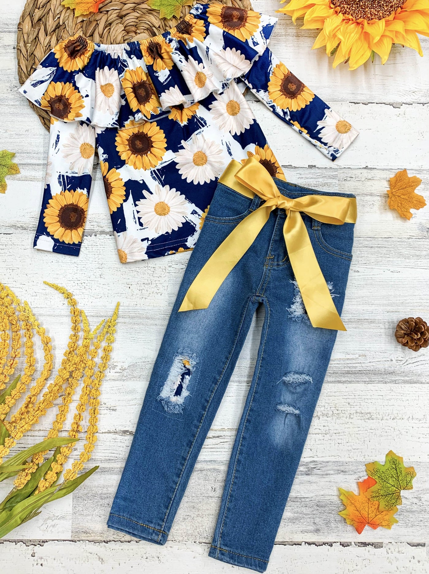 Cute Outfits For Girls  Fall Sunflower Top & Patched Jeans Set