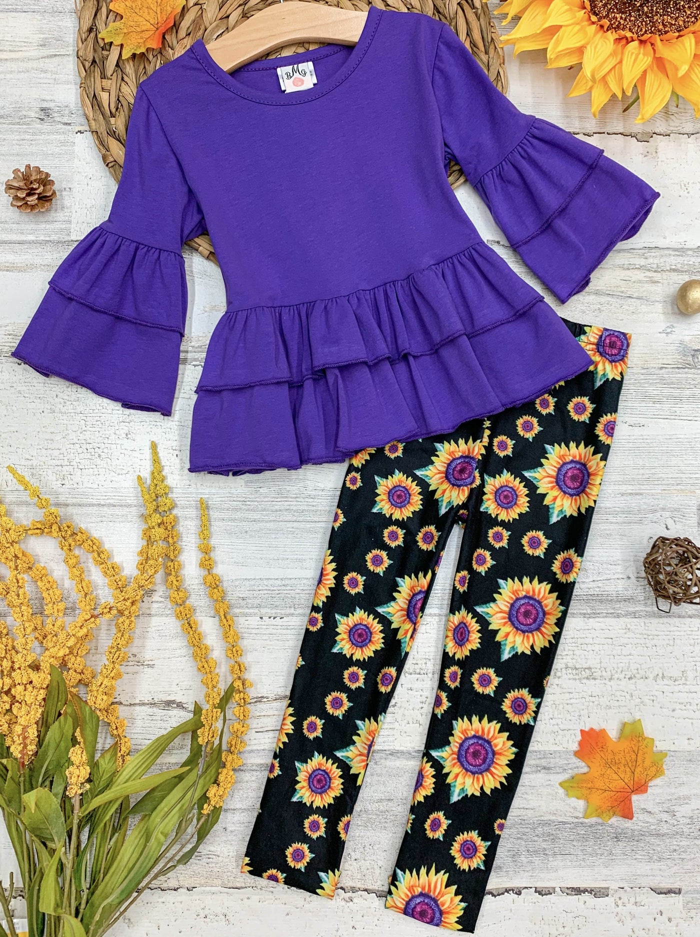 Girls Ruffled Boho Sleeve Peplum Top and Sunflower Legging Set