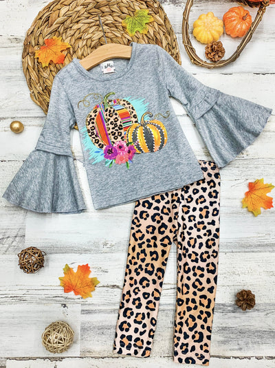Little girls long-sleeve top with mixed print pumpkin graphics, ruffle bell cuffs, and matching leopard print leggings - Mia Belle Girls
