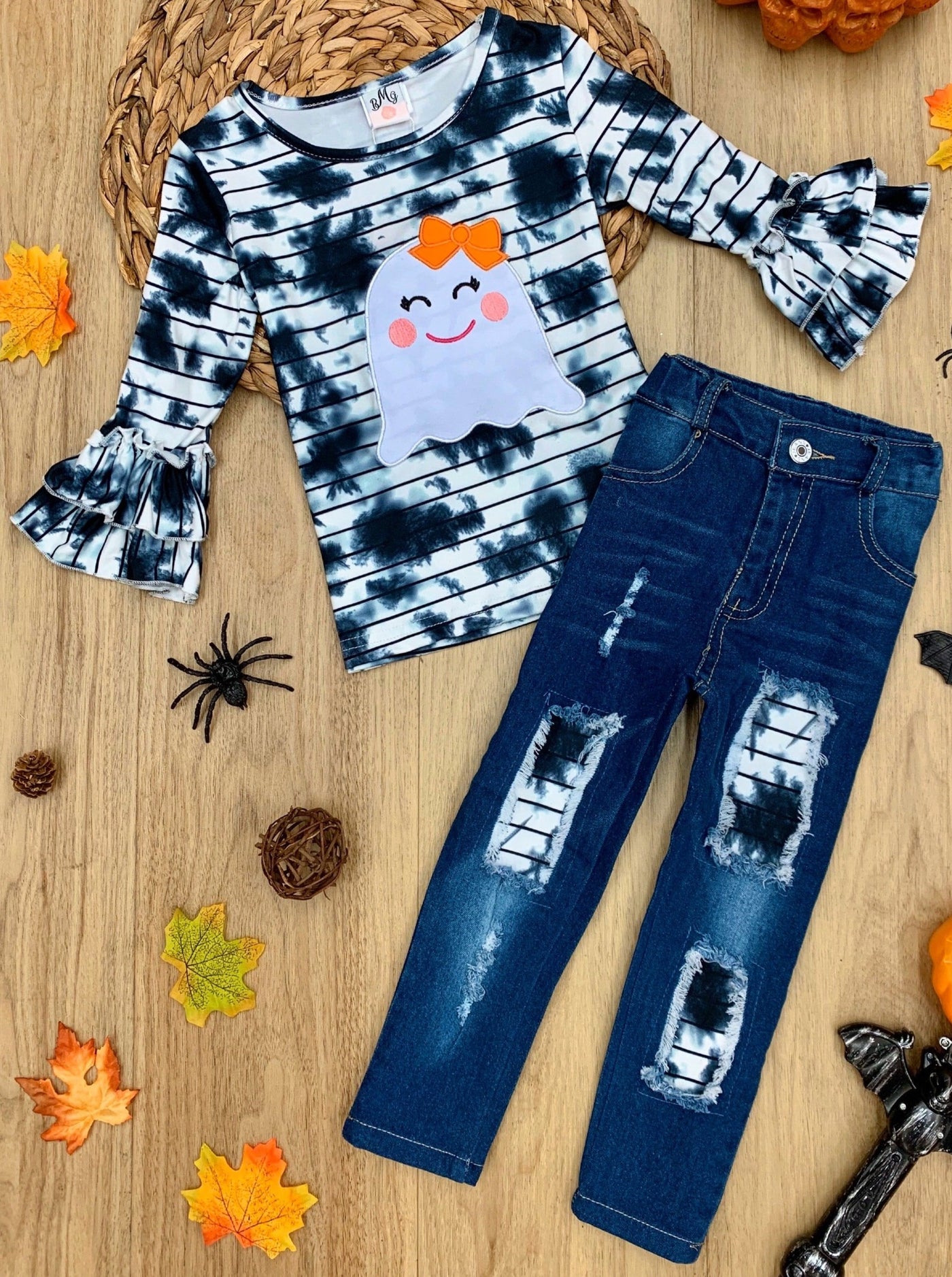 Girls Ghost Tie Dye Top and Patched Denim Set | Mia Belle Girls