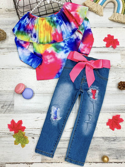 Girls Tie Dye Ruffle Top and Patched Jeans Set
