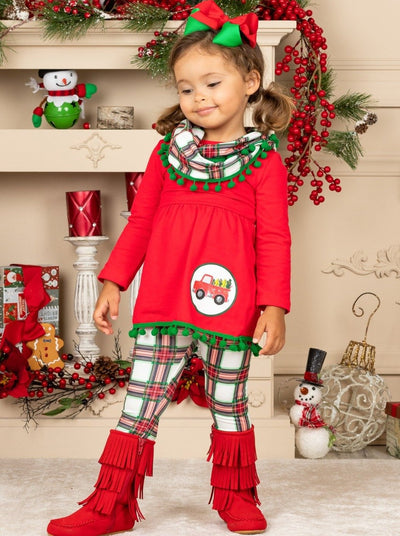 Girls Christmas Truck Tunic and Plaid Leggings and Scarf Set