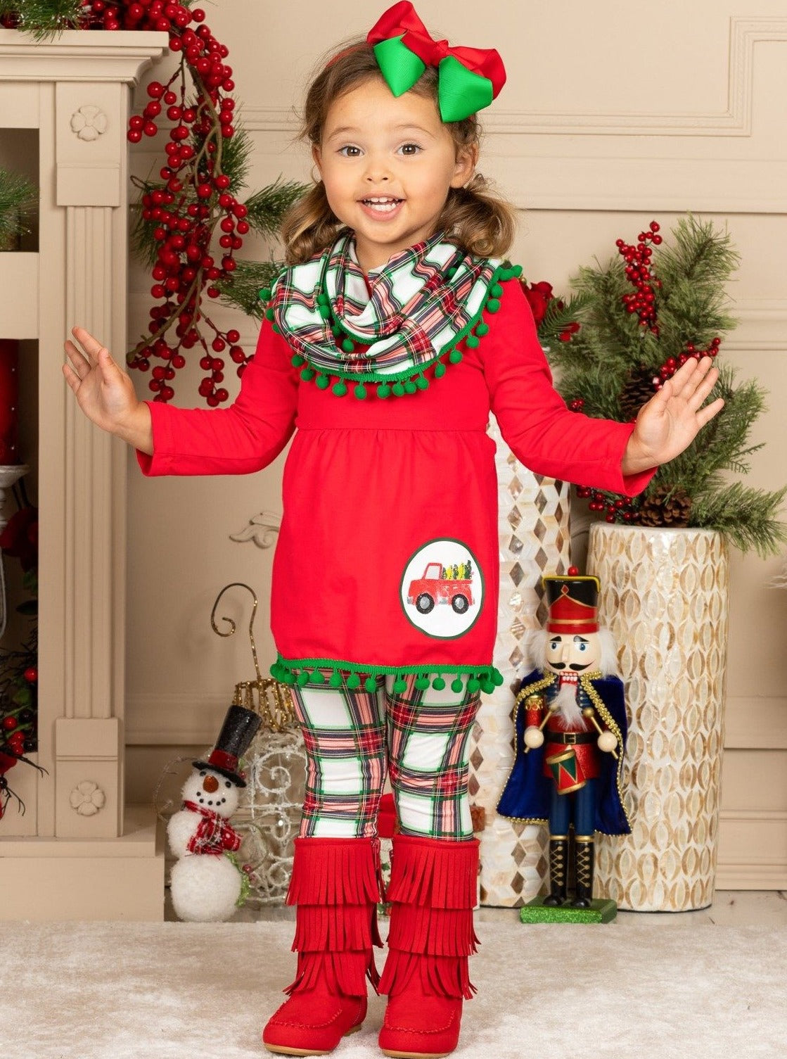 Girls Christmas Truck Tunic and Plaid Leggings and Scarf Set