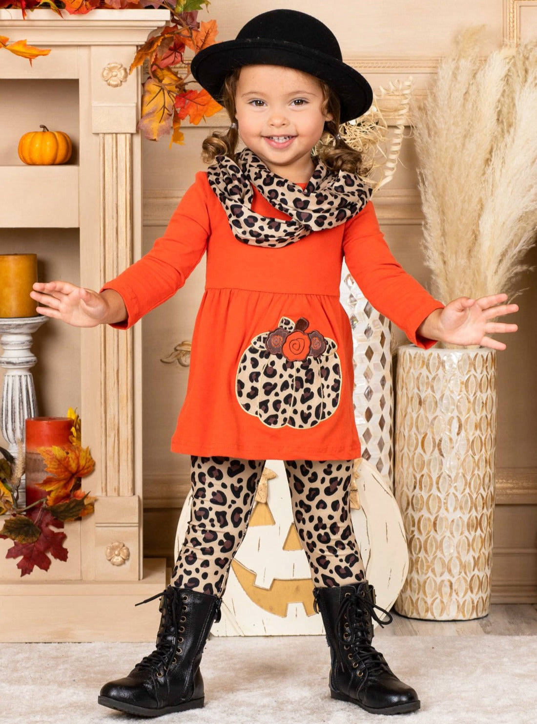Girls Pumpkin Tunic, Leopard Leggings & Scarf Set - Mia Belle Girls