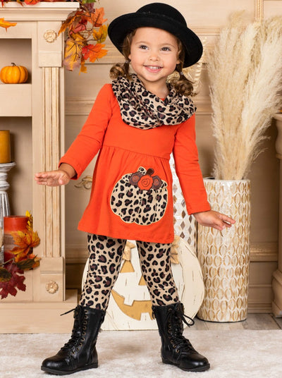 Girls Fall long-sleeve tunic with leopard print pumpkin applique, leopard print leggings, and infinity wrap scarf - Mia Belle Girls